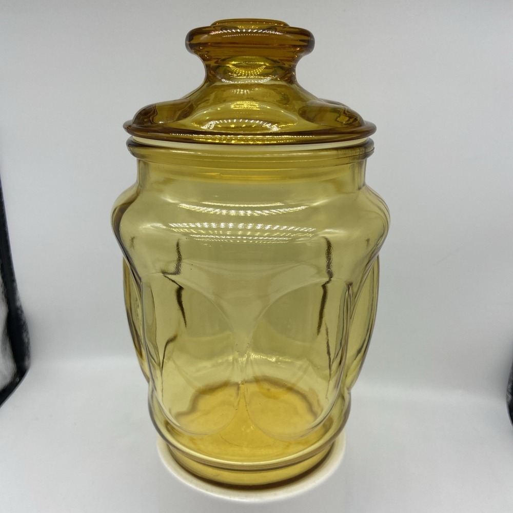 Vintage L.E. Smith Apothcocary Candy Canister Jar with Lid Amber Gold Glass 7"